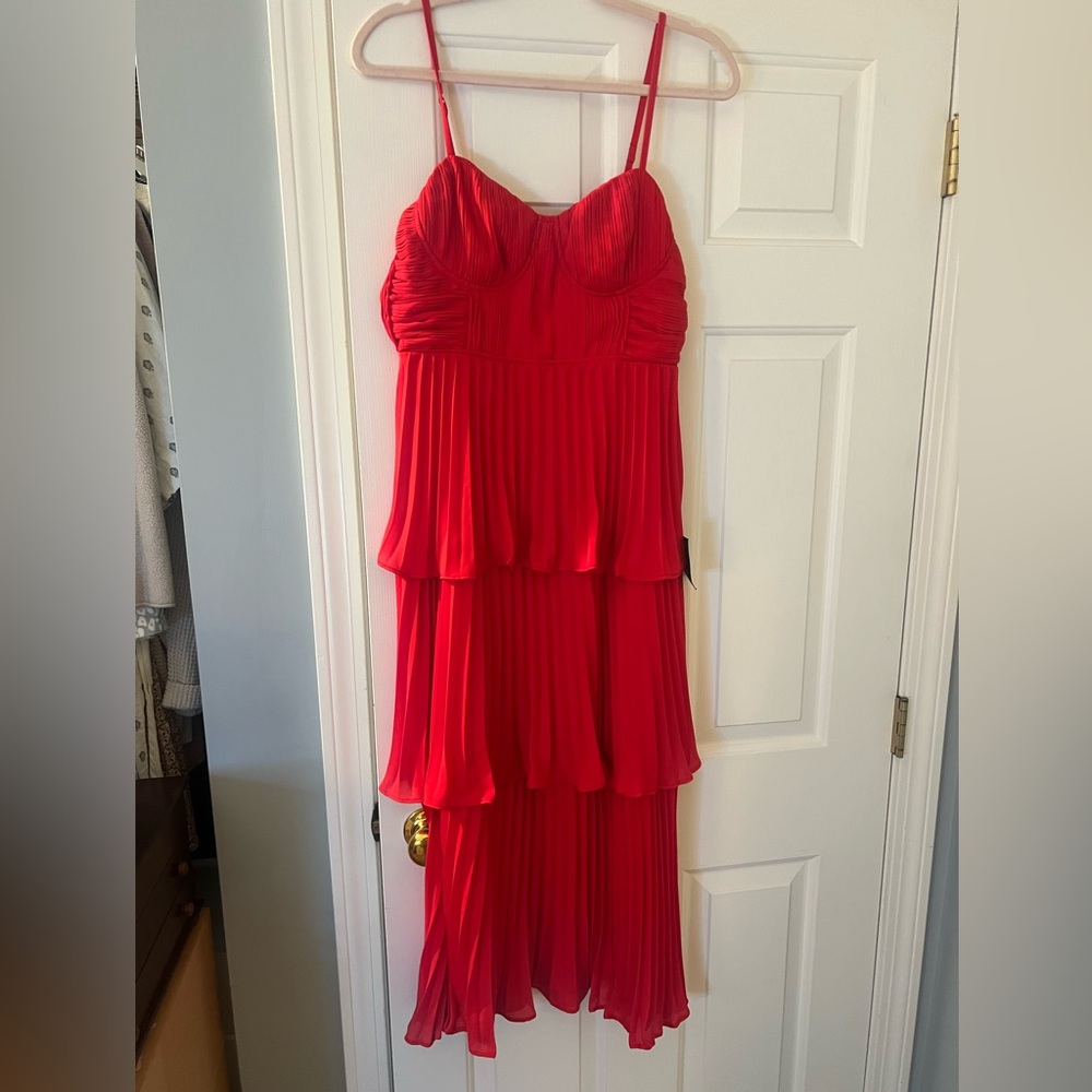 Lulus Cascading Crush Red Tiered Bustier Midi Dress